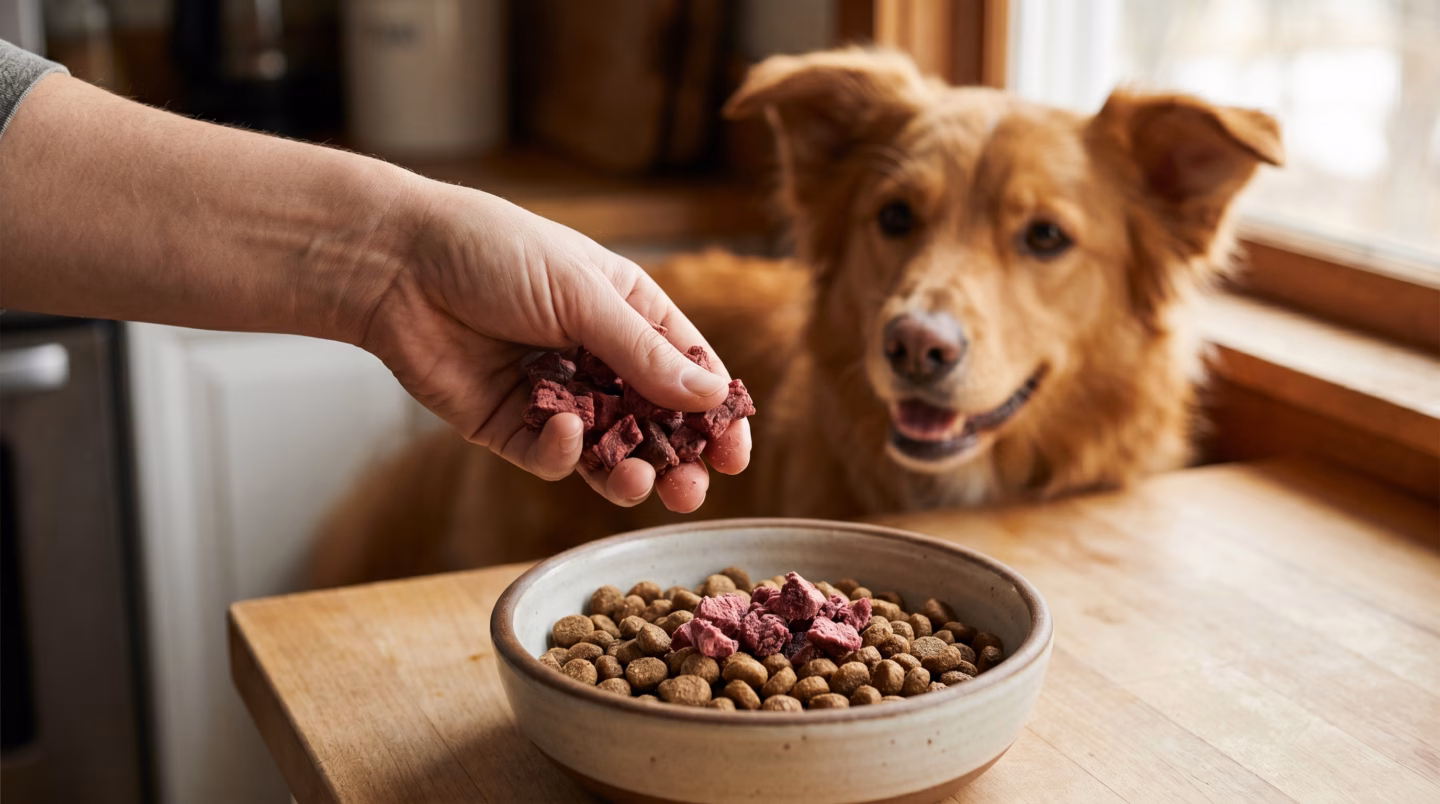 Dog kibble topped with freeze dried raw topper