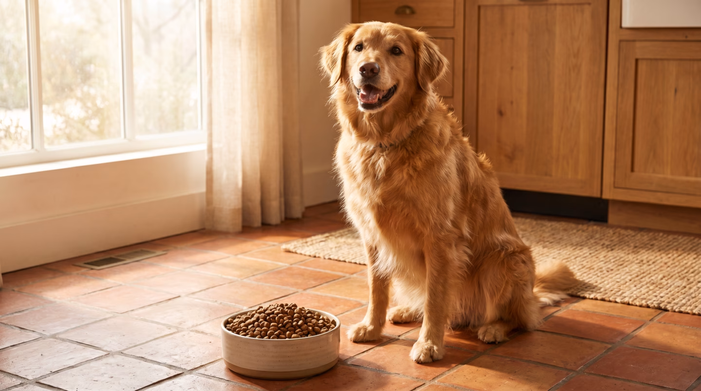 Happy dog beside a bowl of dry kibble