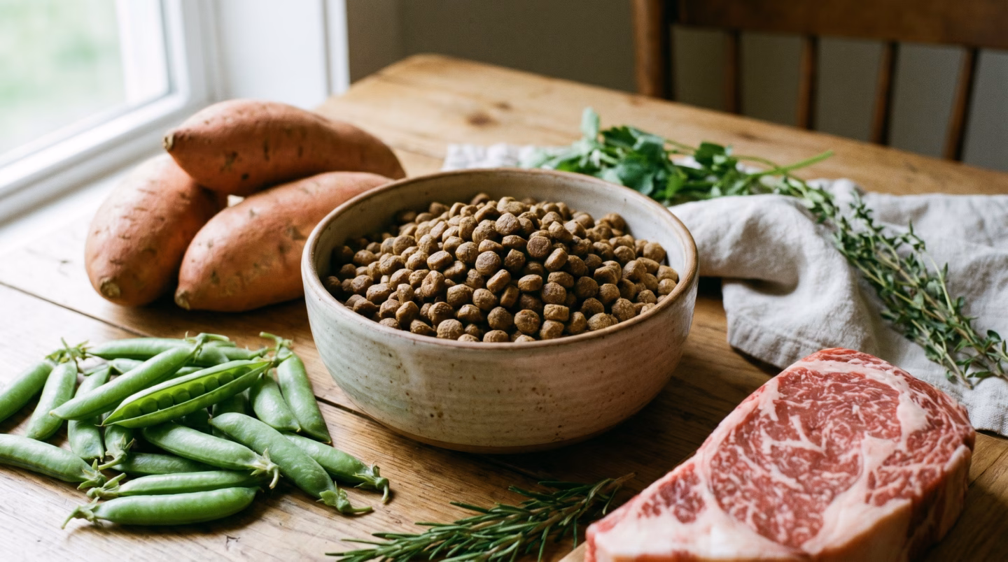 Grain free kibble with sweet potato peas and meat