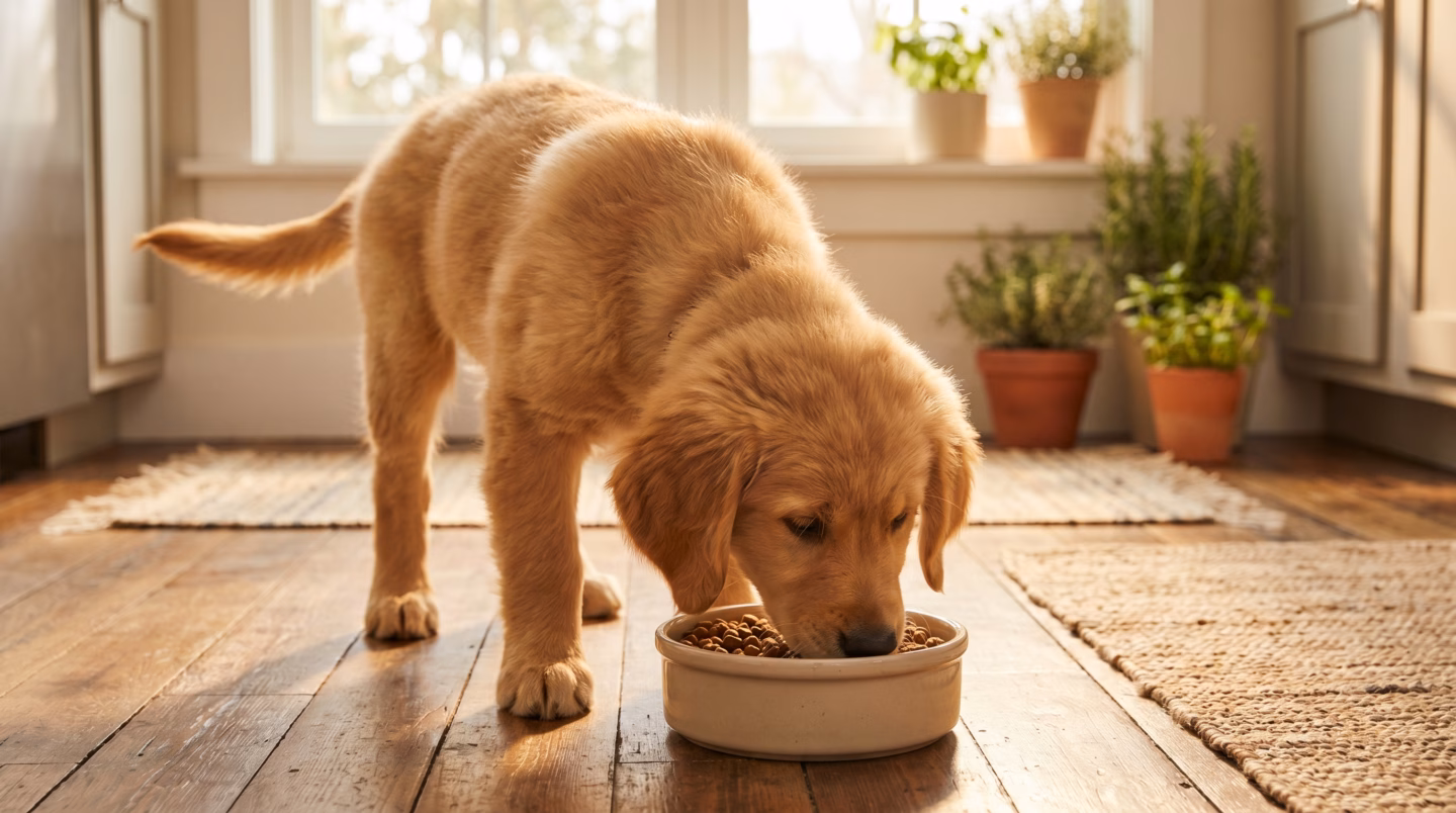 Puppy eating from a bowl of kibble