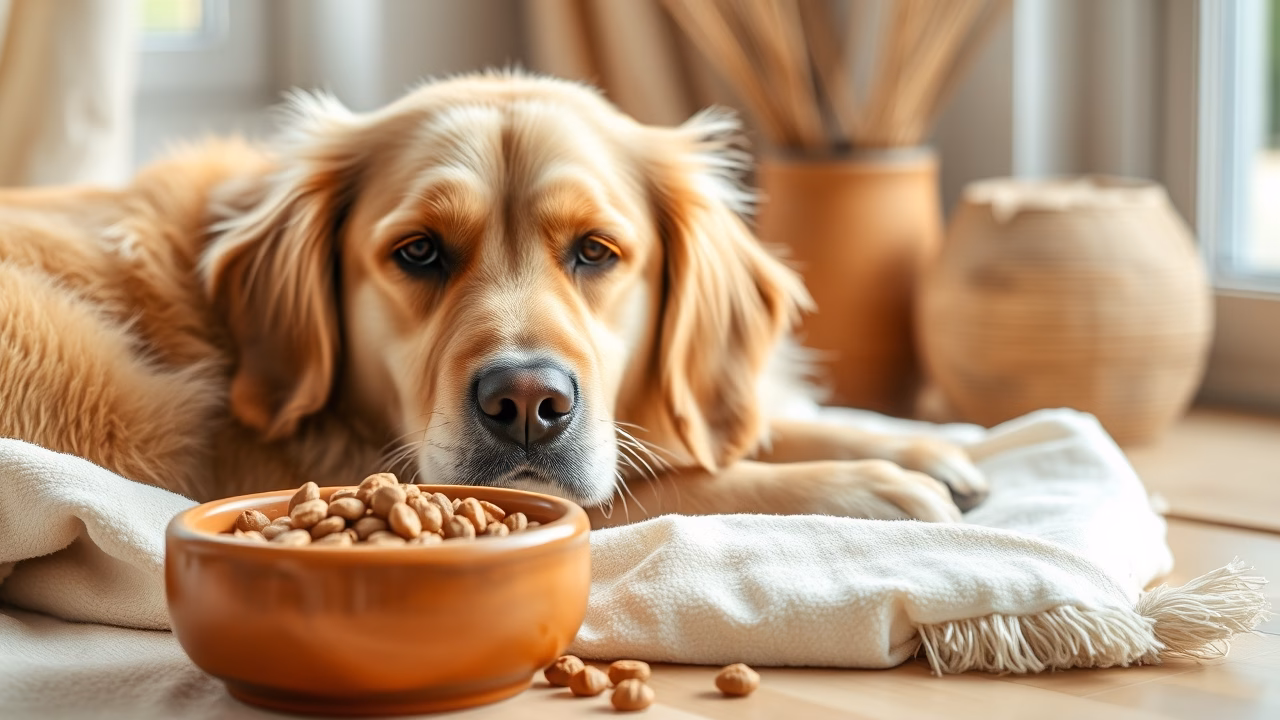 Senior golden retriever resting beside a bowl of dry kibble
